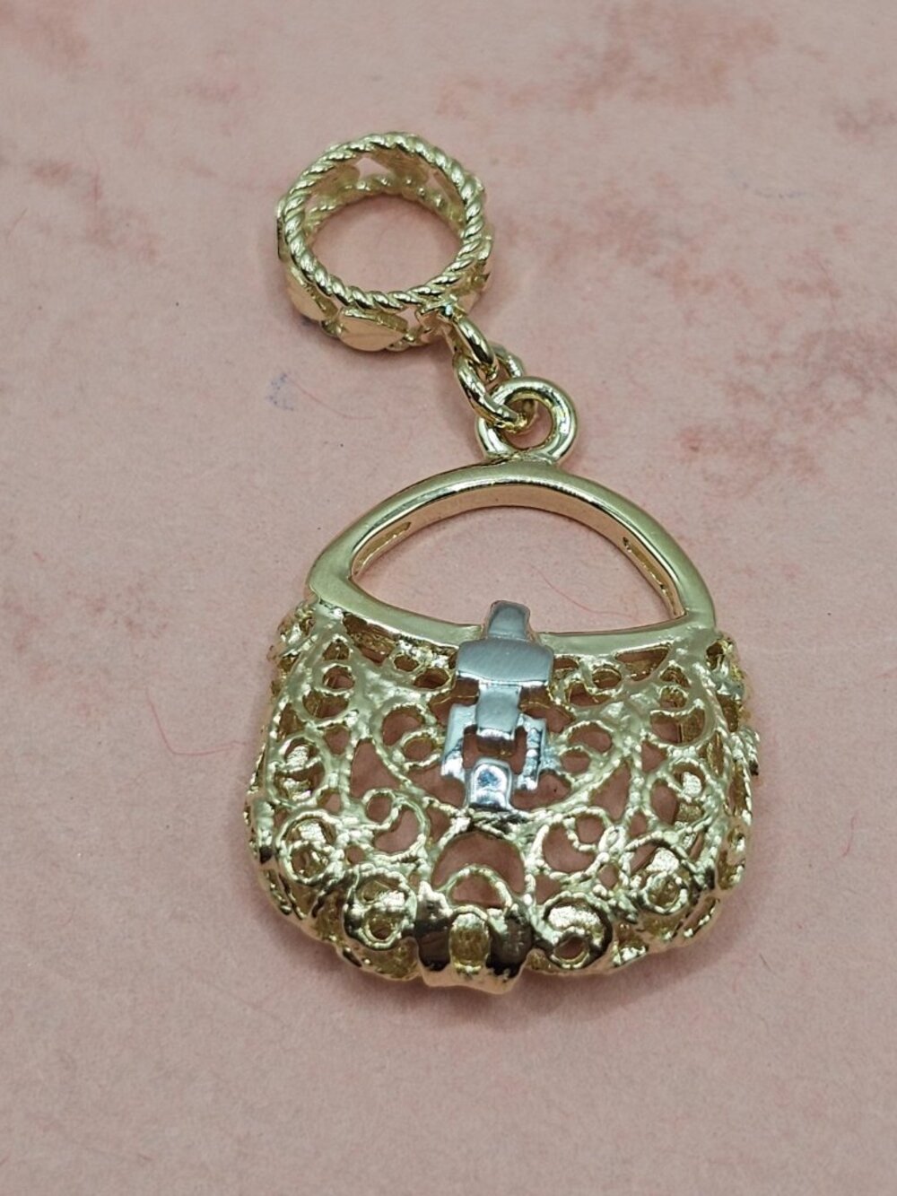 14KT Gold Two-Toned Diamond Cut Heart Dangle Purse Charm for Bracelet